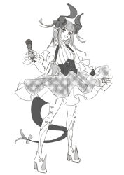 1girl absurdres bodice bow bowtie dress elizabeth_bathory_(fate) fate/grand_order fate_(series) frills hair_bow high_heels highres holding holding_microphone horns just_we layered_dress long_hair microphone original pleated_dress shoes solo solo_focus spiked_shoes spikes studs tail thighhighs