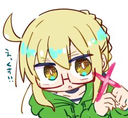 1girl :o ahoge artoria_pendragon_(fate) black-framed_eyewear black_choker blonde_hair blush braid brown_eyes chibi choker collarbone commentary_request drawstring fate/grand_order fate_(series) glasses green_hoodie hair_between_eyes hood hood_down hoodie kasuga_yuuki long_sleeves looking_at_viewer mysterious_heroine_x_alter_(fate) parted_lips puffy_long_sleeves puffy_sleeves semi-rimless_eyewear simple_background sleeves_past_wrists solo translation_request under-rim_eyewear upper_body white_background x_fingers