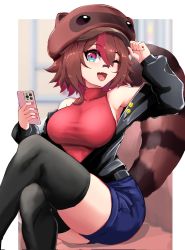 Rule 34 | 1girl, :d, animal ears, arm up, armpits, bandaid, bandaid on face, bandaid on nose, bare shoulders, black jacket, black thighhighs, blue eyes, blue shorts, border, breasts, brown hair, cellphone, colored inner hair, colored tips, commentary, crossed legs, fake animal ears, fang, hair between eyes, hand on headwear, hand up, highres, holding, holding phone, jacket, large breasts, long sleeves, looking at viewer, multicolored eyes, multicolored hair, nail polish, off shoulder, one eye closed, open clothes, open jacket, open mouth, outside border, owozu, phone, pink nails, raccoon ears, raccoon girl, raccoon hat, raccoon tail, rakkun sutaru, red eyes, red hair, red shirt, shirt, short hair, shorts, sitting, skin fang, skindentation, slash-ex, sleeveless, sleeveless shirt, smartphone, smile, smiley face, solo, spanish commentary, tail, taut clothes, taut shirt, thighhighs, thighs, two-tone hair, virtual youtuber, white border