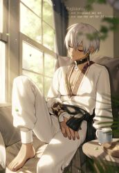 1boy artist_name barefoot black_choker black_sash blue_gemstone blurry blurry_background blurry_foreground bowl choker closed_eyes coffee_mug commentary couch cup curtains dark-skinned_male dark_skin day depth_of_field earrings falling_leaves feet gem grey_hair hair_between_eyes ibrahim_(1st_costume)_(nijisanji) ibrahim_(nijisanji) indoors jewelry knee_up leaf light_particles long_sleeves male_focus mug nijisanji on_couch palm_leaf pants parted_lips pectoral_cleavage pectorals pillow round_table sash shion_(ajisionn) shirt short_hair sitting sleeping sleeping_upright solo sunlight symbol-only_commentary table toes triangle_earrings twitter_username vambraces virtual_youtuber white_pants white_shirt window