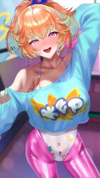 Rule 34 | 1girl, 404 (pixiv 94263879), :d, absurdres, blue sweater, bow hairband, breasts, covered navel, cropped sweater, earrings, hairband, highres, hololive, hololive english, hoop earrings, jewelry, large breasts, leggings, leotard, looking at viewer, multicolored hair, open mouth, orange hair, purple eyes, purple leggings, single bare shoulder, smile, solo, streaked hair, sweater, takanashi kiara, takanashi kiara (fever night), virtual youtuber, white leotard, wide ponytail