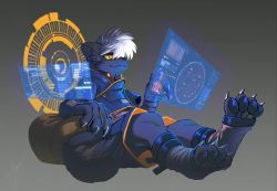 1boy alkaid_(character) animal_hands animated black_fur black_tail closed_mouth closed_smile fang feet fluffy fur furry grey_background hologram holographic_monitor male_focus on_ground shorts simple_background sitting smile solo solo_focus video white_hair yamainu_ken yellow_eyes