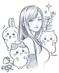 Rule 34 | 1girl, artist name, bare shoulders, blush, breasts, chiikawa, chiikawa (character), closed mouth, commentary, creature, double v, elbow gloves, english commentary, final fantasy, final fantasy vii, flower, food, from side, fruit, gloves, greyscale, hanaflans, highres, large breasts, lips, long hair, looking at viewer, looking to the side, monochrome, single sidelock, sparkle, strawberry, swept bangs, tank top, tifa lockhart, upper body, v, white background, white tank top
