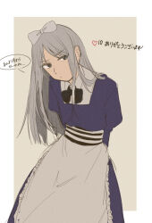 1girl apron arms_behind_back axis_powers_hetalia belarus_(hetalia) black_bow black_bowtie black_eyes border bow bowtie closed_mouth commentary_request cowboy_shot dress frills grey_background grey_hair hair_bow heart highres juliet_sleeves kiri_no1020 long_hair long_sleeves looking_at_viewer outside_border puffy_sleeves purple_dress sidelocks simple_background solo speech_bubble standing translation_request twitter_cutting_game white_apron white_border white_bow