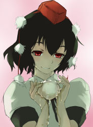 Rule 34 | 1girl, black hair, black ribbon, blush, egg, female focus, hair ornament, hat, holding up, pink background, pussy juice, red eyes, ribbon, shameimaru aya, short hair, simple background, smile, solo, sweat, tokin hat, touhou, yamaioni (sasakama)