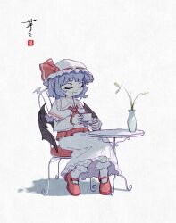 1girl adapted_costume ascot ay606078 bat_wings blue_hair capelet chair closed_eyes closed_mouth collared_shirt commentary cup fang frilled_shirt_collar frills hat hat_ribbon highres holding holding_cup holding_plate long_sleeves mary_janes mob_cap on_chair plate pointy_ears red_ascot red_ribbon red_shoes remilia_scarlet ribbon shirt shoes signature sitting skin_fang skirt socks solo table teacup touhou vase white_capelet white_hat white_shirt white_skirt white_socks wings