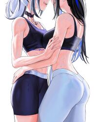 2girls absurdres alternate_costume ass black_choker black_hair black_shorts black_sports_bra blue_hair choker highres hololive hololive_english long_hair massiveyog multicolored_hair multiple_girls nerissa_ravencroft pants shiori_novella shorts simple_background sports_bra sweat tongue tongue_out two-tone_hair virtual_youtuber white_background white_hair white_pants yuri