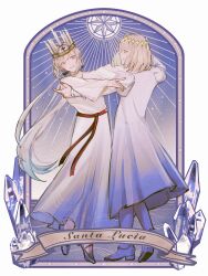 1boy 1girl absurdres blue_eyes crown dancing fate/grand_order fate_(series) full_body hair_between_eyes highres long_hair morgan_le_fay_(fate) oberon_(fate) oberon_(third_ascension)_(fate) ponytail short_hair smile white_hair yebeiming