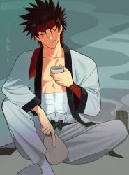 Rule 34 | 1boy, absurdres, bandaged stomach, bandaged torso, birthday, black hair, choko (cup), closed eyes, collarbone, commentary, cup, feet out of frame, hand fan, headband, highres, holding, holding cup, holding fan, indian style, japanese clothes, long sleeves, male focus, okurase, open clothes, open shirt, pants, parted lips, pectorals, red headband, rurouni kenshin, sagara sanosuke, shirt, short hair, sitting, smile, solo, spiked hair, straight-on, symbol-only commentary, toned, toned male, white pants, white shirt