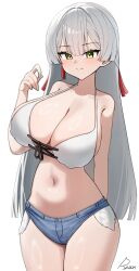 1girl absurdres artist_name bare_arms bare_shoulders bikini bikini_top_only blue_shorts breasts cleavage closed_mouth commentary_request commission covered_erect_nipples cowboy_shot denim denim_shorts dimdor earrings exposed_pocket green_eyes halterneck hand_up highres huge_breasts jewelry korean_commentary long_hair looking_at_viewer micro_shorts navel original second-party_source shorts simple_background single_earring smile solo string_bikini swimsuit thighs very_long_hair white_background white_bikini white_hair