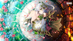 Rule 34 | 1girl, bad link, cage, copyright logo, cross-shaped pupils, detached sleeves, dress, flower, from above, genshin impact, gradient hair, green eyes, green hair, hair between eyes, hair ornament, highres, leaf hair ornament, lying, multicolored hair, nahida (genshin impact), official art, official wallpaper, petals, pointy ears, side ponytail, solo, split theme, symbol-shaped pupils, two-tone hair, white dress, white hair
