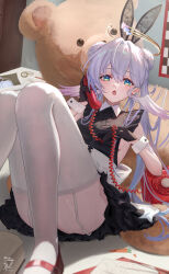 1girl absurdres alternate_costume animal_ears black_dress black_gloves blue_hair breasts dress face_jewel fake_animal_ears garter_straps gloves grey_thighhighs half_gloves halo head_wings highres holding holding_phone honkai:_star_rail honkai_(series) jewel_under_eye long_hair looking_at_viewer open_mouth phone rabbit_ears robin_(honkai:_star_rail) sazanami_(re_n_rentaro) shoes sideboob solo thighhighs white_wrist_cuffs wings wrist_cuffs