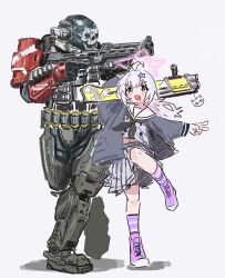 1boy 1girl :d absurdres armor bandolier belt black_neckerchief blue_archive crossover emile-a239 full_body grey_serafuku grey_skirt gun hair_ornament halo halo:_reach halo_(series) helmet highres holding holding_weapon long_hair long_sleeves multicolored_hair navel neckerchief open_mouth pink_hair pink_halo pink_socks pleated_skirt power_armor reisa_(blue_archive) sailor_collar school_uniform science_fiction serafuku shiokaze1409 shoulder_armor simple_background skirt smile socks spartan_(halo) standing standing_on_one_leg star_(symbol) star_hair_ornament star_halo striped_clothes striped_socks trigger_discipline twintails two-tone_hair v v-shaped_eyebrows weapon white_background white_sailor_collar