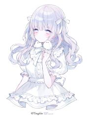 1girl absurdres bird bird_on_hand center_frills commentary cropped_torso frilled_sleeves frills grey_hair hair_ribbon highres long_hair neck_ribbon original pink_eyes puffy_short_sleeves puffy_sleeves ribbon shirt short_sleeves simple_background solo symbol-only_commentary tareme ting_(tingiiio) wavy_hair white_background white_ribbon white_shirt