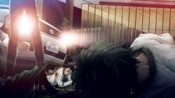 Rule 34 | 1boy, 2girls, arm support, beard stubble, black boots, black hair, black trim, blood, blood on clothes, blood on sleeves, blood splatter, blue dress, bob cut, bodysuit, boots, broken glass, brown pants, building, car, car crash, city, clenched teeth, coat, death, dirty, dirty clothes, dirty face, dress, elbow rest, facial hair, from behind, game cg, glass, grey eyes, hat, head out of frame, high heels, highres, huke, kiryuu moeka, lab coat, lapels, latex, latex bodysuit, long sleeves, looking at another, lying, medium hair, messy hair, motor vehicle, multiple girls, nape, non-web source, notched lapels, official art, okabe rintarou, on side, on stomach, one eye closed, outdoors, pain, pants, parted lips, pool of blood, puffy short sleeves, puffy sleeves, ringed eyes, road, shiina mayuri, shirt, short hair, short sleeves, skin tight, square pupils, standing, steins;gate, stubble, t-shirt, teeth, tree, unworn hat, unworn headwear, urban, v-shaped eyebrows, white coat, white shirt