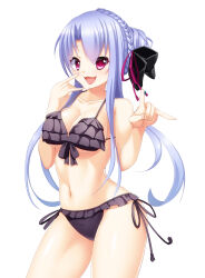 1girl :d absurdres alternate_costume bare_arms bare_shoulders bikini black_bikini black_bow blue_hair bow bow_bikini braid breasts cleavage collarbone commentary cowboy_shot crown_braid curvy double_fox_shadow_puppet eyes_visible_through_hair fingernails floating_hair fox_shadow_puppet frilled_bikini frills gibberish_commentary hair_between_eyes hair_bow hair_bun halterneck hands_up highres large_breasts long_hair looking_at_viewer navel open_mouth red_eyes shiny_skin shootinghaze side-tie_bikini_bottom sidelocks simple_background single_hair_bun smile solo sorakado_ao stomach straight_hair summer_pockets swimsuit thighs underboob very_long_hair white_background
