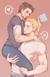 2boys animification avengers_(series) black_shirt blonde_hair blue_eyes blush brown_eyes brown_hair carrying carrying_person chinese_commentary closed_mouth commentary_request facial_hair fingernails grey_pants heart highres holding looking_at_another male_focus marvel marvel_cinematic_universe multiple_boys muscular muscular_male pants pink_background shirt short_hair short_sleeves simple_background smile speech_bubble spoken_heart standing steve_rogers sweatdrop t-shirt tony_stark white_shirt yaoi yizilu699