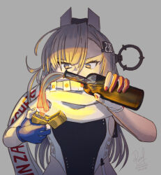 Rule 34 | 1girl, asymmetrical gloves, black one-piece swimsuit, blue gloves, bottle, gloves, grey background, grey eyes, grey hair, headgear, highleg, highleg one-piece swimsuit, highres, holding, holding bottle, holding lighter, japanese flag, kantai collection, kill markings, lighter, long hair, mismatched gloves, molotov cocktail, one-piece swimsuit, partially fingerless gloves, ron (pixiv83091338), scarf, solo, super highleg, swimsuit, two-tone one-piece swimsuit, wahoo (kancolle), wahoo kai (kancolle), white one-piece swimsuit, white scarf, zippo lighter