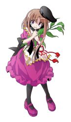 1girl alphes_(style) apron black_hat black_socks blush brown_hair capelet commentary_request dairi damaged defeat dress full_body hat holding kneehighs leaf long_hair mary_janes myouga_(plant) nishida_satono open_mouth parody puffy_short_sleeves puffy_sleeves purple_dress purple_eyes purple_shoes red_ribbon ribbon shoes short_sleeves sidelocks socks solo standing style_parody tachi-e tassel tate_eboshi tears touhou transparent_background waist_apron white_apron white_capelet