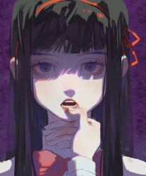 1girl absurdres akemi_homura blunt_bangs bow bowtie chinese_commentary collared_shirt colored_eyelashes commentary_request fingernails grabbing_another&#039;s_chin hair_ribbon hairband hand_on_another&#039;s_chin high_collar highres lipstick mahou_shoujo_madoka_magica mahou_shoujo_madoka_magica_(anime) makeup mitakihara_school_uniform open_mouth purple_background purple_eyes red_bow red_bowtie red_hairband red_lips red_ribbon ribbon school_uniform shaded_face shirt sidelocks simple_background solo straight-on straight_hair teeth upper_body white_shirt yuan_a_zi_a