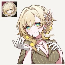 1girl aglaea_(fashion)_(honkai:_star_rail) aglaea_(honkai:_star_rail) blonde_hair breasts choker cleavage gloves green_eyes grey_background grey_shirt hair_intakes hair_ornament highres honkai:_star_rail honkai_(series) jewelry looking_at_viewer medium_breasts multiple_views necklace shirt short_hair sikaku simple_background smile upper_body white_gloves