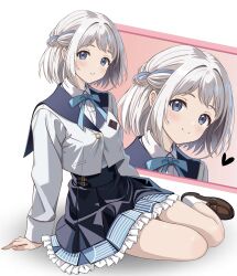 Rule 34 | absurdres, blazer, blue bow, blue bowtie, blue eyes, blush, bow, bowtie, breasts, collared shirt, cropped jacket, gakuen idolmaster, grey hair, high-waist skirt, highres, idolmaster, jacket, katsuragi lilja, loafers, looking at viewer, medium breasts, medium hair, open mouth, pleated skirt, shirt, shoes, sitting, skirt, smile, socks, teeth, white shirt, white socks, zaofeng