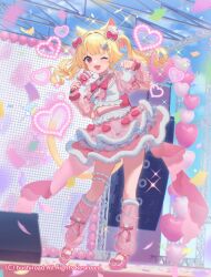 1girl ;d animal_ear_fluff animal_ears balloon blonde_hair blue_sky bow breasts cardfight!!_vanguard cat_ears cat_girl cat_tail character_request cloud commentary_request crop_top day frilled_shirt_collar frills fur-trimmed_skirt fur_trim heart_balloon high_heels layered_skirt leg_warmers looking_at_viewer midriff official_art oli_o_o one_eye_closed open_mouth outdoors pink_sailor_collar pink_shoes pink_skirt puffy_short_sleeves puffy_sleeves red_bow red_eyes sailor_collar shirt shoes short_sleeves skirt sky small_breasts smile solo stage tail twintails white_shirt