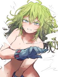 1girl blue_eyes boku_no_hero_academia breasts commentary_request ginjaeru gloves green_eyes green_hair grey_gloves hagakure_toru highres looking_at_viewer medium_breasts messy_hair multicolored_eyes nude solo sweat unusually_visible