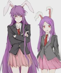 2girls :q animal_ears black_jacket blazer blush_stickers closed_mouth collared_shirt commentary_request cookie_(touhou) cowboy_shot crescent crescent_pin crossed_arms grey_background hana_(skhgrandiflorus) highres hisui_(cookie) jacket long_hair long_sleeves looking_at_another looking_to_the_side multiple_girls necktie pink_skirt pleated_skirt purple_hair rabbit_ears rabbit_girl rabbit_tail red_eyes red_necktie reisen_udongein_inaba shirt simple_background skirt smile swept_bangs tail tongue tongue_out touhou very_long_hair white_shirt