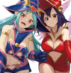 2girls apple_magician_girl aqua_hair bare_shoulders blue_headwear breasts brown_eyes chocolate_magician_girl cleavage cleavage_cutout clothing_cutout dress duel_monster elbow_gloves gloves highres large_breasts miniskirt multiple_girls navel_cutout open_mouth pointy_ears purple_hair red_eyes red_headwear skirt underboob_cutout winged_hat yappen yu-gi-oh!
