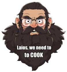 1boy beard bespectacled breaking_bad cropped_head dungeon_meshi dwarf english_text facial_hair fluffy glasses image_macro_(meme) long_beard looking_at_viewer male_focus mature_eyes meme mustache rikodamu1 senshi_(dungeon_meshi) solo straight-on thick_mustache very_long_beard white_background wide-eyed