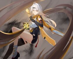 1girl absurdres ahoge black_gloves black_thighhighs fingerless_gloves gloves hair_ornament high-waist_shorts highres jacket li_shijin long_hair looking_at_viewer shorts solo thighhighs thighs white_hair yellow_eyes yellow_jacket yi_xuan_(zenless_zone_zero) zenless_zone_zero