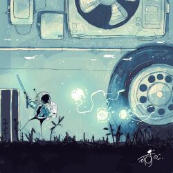 Rule 34 | 1other, absurdres, animal, arm up, artist name, backpack, bag, blue jacket, commentary, condenser unit, fish, floating, flying fish, gloves, glowing, grass, helmet, highres, holding, jacket, jellyfish, kazunoko (kazunoko zunoco), looking at another, looking back, mini person, original, outdoors, radio antenna, signature, space helmet, tentacles, traffic baton, unused tire, walking, white gloves
