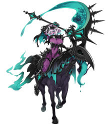 1girl armor armored_boots black_sclera bodysuit boots breasts colored_sclera colored_skin coronavirus covered_navel full_body gauntlets grey_hair headpiece high_heel_boots high_heels highres holding holding_weapon horse horseback_riding impossible_bodysuit impossible_clothes kenkou_cross knee_boots large_breasts looking_at_viewer monster_girl monster_girl_encyclopedia pale_rider_(monster_girl_encyclopedia) pink_hair purple_bodysuit purple_skin riding scythe short_hair skin_tight solo spikes text_focus tongue tongue_out undead virus weapon white_background