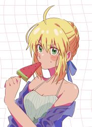 1990s_(style) 1girl ahoge alternate_costume artoria_pendragon_(fate) blonde_hair blue_coat blush breasts coat costume eating fate/stay_night fate_(series) food green_eyes hair_bun hair_ribbon highres medium_breasts nedameman popsicle retro_artstyle ribbon saber_(fate) short_hair solo tank_top watermelon_bar white_tank_top