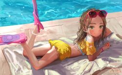 1girl aoife_campbell_(masuda_(yousaytwosin)) banned_artist bikini brown_hair closed_mouth crocs feet_up female_focus flippers forehead full_body highres long_hair looking_at_viewer lying masuda_(yousaytwosin) on_ground on_stomach original pink_footwear poolside signature smile solo swimsuit the_pose wet wet_hair yellow_bikini yellow_eyes