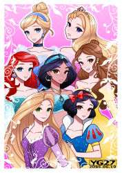6+girls absurdres aladdin_(movie) ariel_(disney) aurora_(disney) beauty_and_the_beast_(disney) belle_(disney) black_hair blonde_hair blue_eyes brown_eyes brown_hair cinderella_(disney_character) cinderella_(disney_movie) disney disney_princess dress earrings hasshin_nina highres jasmine_(disney) jewelry long_hair looking_at_viewer multiple_girls rapunzel_(disney) smile snow_white_(disney) snow_white_and_the_seven_dwarfs_(disney) tangled the_little_mermaid_(disney)