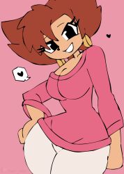 1girl animal black_eyes breasts brown_hair cleavage collarbone disney earrings furry goof_troop grin hand_on_own_hip heart hoop_earrings jewelry large_breasts long_sleeves looking_at_viewer mature_female mickey_mouse_&amp;_friends pants peg_pete pink_background pink_shirt shirt short_hair sketch smile speech_bubble spoken_heart standing teeth thick_thighs thighs tony_welt white_pants wide_hips
