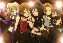 Rule 34 | 5girls, :o, absurdres, akiyama mio, belt, black eyes, black hair, blonde hair, blue eyes, brown eyes, brown hair, covering own mouth, highres, hirasawa yui, ho-kago tea time, horiguchi yukiko, k-on!, kotobuki tsumugi, long hair, microphone, midriff, multiple girls, nakano azusa, navel, nyantype, official art, scan, tainaka ritsu, twintails, yamada naoko