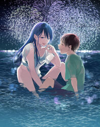 1boy 1girl absurdres aerial_fireworks black_shorts blue_hair brown_hair closed_eyes commentary_request facing_another fireworks green_shirt highres long_hair looking_at_another one_eye_closed open_mouth original partially_submerged shirt short_hair shorts sitting smile water wet wet_clothes wet_shirt white_shirt yoshida_morohe