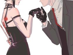1boy 1girl bare_shoulders black_dress black_hair breasts dagger dress earrings formal_clothes gold_earrings gold_hairband green_suit hair_ornament hairband highres holding holding_dagger holding_knife holding_weapon husband_and_wife jewelry knife large_breasts long_hair long_sleeves open_mouth reura93 short_hair sidelocks spy_x_family suit twilight_(spy_x_family) two-sided_dress two-sided_fabric weapon yor_briar