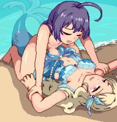 animated animated_gif beach blonde_hair blush bouncing_breasts bra breasts clitoris completely_nude fins fish_tail futa_with_female futanari gomadare_(310329) hair_ornament handa_roco idolmaster idolmaster_million_live! jewelry long_hair mermaid mochizuki_anna monster_girl nipples nude pixel_art purple_hair simple_background tail underwear vaginal water yellow_eyes