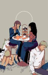 2boys 2girls aged_down biscuit_(bread) black_dress black_hair braid braided_ponytail breasts butter_knife chainsaw_man chair closed_eyes cup dog dress fetal_position food fork grass head_on_hand high_heels highres husky kanitumuri knife laughing licking long_hair long_sleeves makima_(chainsaw_man) medium_breasts multiple_boys multiple_girls on_ground open_mouth plate ponytail red_hair santa_claus_(chainsaw_man) short_hair shorts sitting smile star_(symbol) sugar_bowl sweater table tank_top tea_party teacup teapot tolka_(chainsaw_man) white_sweater white_tank_top