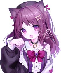 1girl animal_ear_fluff animal_ears black_jacket blush cat_ears cat_girl charm_(object) choker collar commission frills hair_ornament hairclip highres jacket jewelry kurage_09222 long_hair long_sleeves looking_at_viewer open_clothes open_jacket open_mouth original purple_eyes purple_hair shirt simple_background skeb_commission smile solo upper_body white_background
