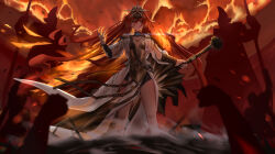 1girl absurdres ancient_greek_clothes armor augusta_(wuthering_waves) breastplate breasts closed_mouth commentary commentary_request english_commentary fiery_hair from_below greatsword greco-roman_clothes hair_between_eyes hand_up headgear highres holding holding_sword holding_weapon long_hair looking_at_viewer medium_breasts mixed-language_commentary orange_eyes orange_hair partial_commentary pelvic_curtain people solo sword two-handed_sword very_long_hair weapon wrist_guards wuthering_waves zuishangxi