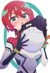 1girl absurdres amate_yuzuriha aqua_eyes beanie black_hat blush bodysuit commentary_request gundam gundam_gquuuuuux haro hat highres holding mecha_pilot_suit non-humanoid_robot open_mouth red_hair ren-smk39110 robot short_hair solo upper_body