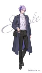 Rule 34 | 1boy, arm at side, bag, belt, belt buckle, black belt, black pants, black shoes, blue coat, blue hair, buckle, closed mouth, coat, copyright notice, cowlick, dress shoes, earrings, feather earrings, feathers, full body, green eyes, hair between eyes, hand on own hip, jewelry, lapels, long sleeves, looking at viewer, male focus, multicolored hair, nail polish, necklace, nijisanji, notched lapels, official art, ohayosayonara, open clothes, open coat, pants, purple coat, purple hair, purple nails, ring, sakaki ness, sample watermark, shirt, shoes, short hair, shoulder bag, simple background, single earring, smile, solo, standing, streaked hair, turtleneck, two-sided coat, two-sided fabric, virtual youtuber, watermark, white background, white shirt