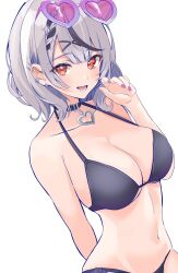 1girl arm_behind_back bikini black_bikini black_choker braid breasts choker cleavage earrings eyewear_on_head grey_hair halterneck heart_pendant highres hololive jewelry large_breasts looking_at_viewer lower_teeth_only medium_hair multicolored_hair nakano_kura navel open_mouth parted_bangs pendant_choker pink_nails red_eyes sakamata_chloe simple_background solo spiked_ear_piercing streaked_hair sunglasses swimsuit teeth upper_body virtual_youtuber white_background