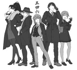 2boys 3girls bag black_gloves braid cellphone cigarette coat dress_shirt earrings executive_mishiro closed_eyes unworn_eyewear facial_hair fedora formal_clothes full_body fur_collar glasses gloves greyscale hair_over_shoulder hands_in_pockets hat high_heels high_ponytail highres idolmaster idolmaster_cinderella_girls imanishi_(idolmaster) jacket jacket_on_shoulders jewelry loafers long_hair looking_at_viewer monochrome multiple_boys multiple_girls murakami_tomoe necktie nigou open_clothes open_coat open_jacket open_mouth pantyhose pencil_skirt phone ponytail producer_(idolmaster) producer_(idolmaster_cinderella_girls_anime) scarf senkawa_chihiro shirt shoes short_hair shoulder_bag simple_background single_braid skirt smartphone smile stubble suit sunglasses translated vest watch white_background wristwatch
