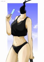1girl absurdres bikini bikini_bottom_only black_bikini black_tank_top blue_sky border breasts cellphone celty_sturluson cleavage cowboy_shot crop_top day day7daze dullahan durarara!! food headless highres holding holding_food holding_phone holding_popsicle medium_breasts monster_girl navel phone popsicle sky smoke solo stomach swimsuit tank_top tented_shirt white_border